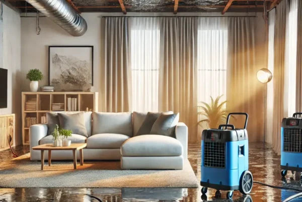 Living room with visible water damage, including pooled water on the floor, a sagging ceiling with water stains, damp furniture, and professional restoration equipment in action, provided by a Carrollton water damage company.